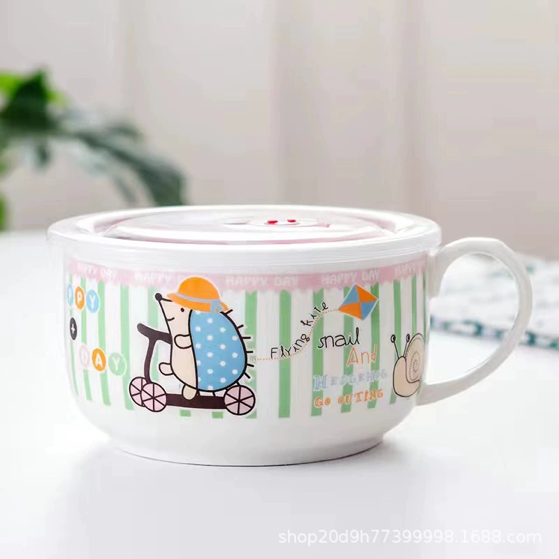 Microwave ceramic noodle bowl with lid and handle, 5.25″ and 6″, cute printed designs