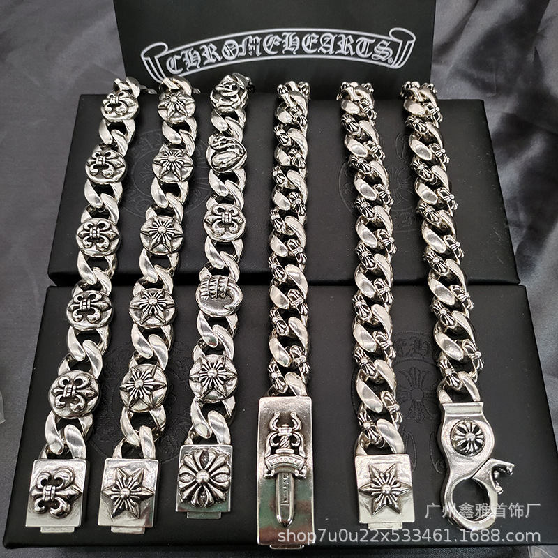 Chkeluo new bracelet sword anchor cross flower men's thick bracelet European and American retro S925 standard men's bracelet