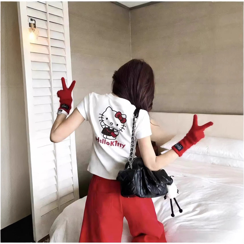 American-Style Kitty Cat Print White Short-Sleeve T-Shirt for Women, 2026 Summer New Slim-Fit Trendy Top