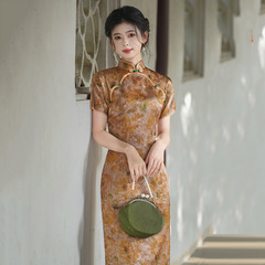 金色玫瑰國風新中式送考長款改良旗袍2025新款女復古修身短袖夏季