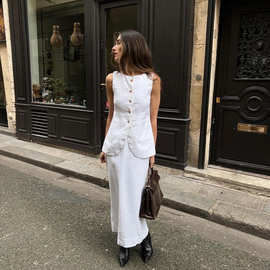 2023欧美新款白色方领无袖马甲高腰半身裙高级感套装时尚外贸女装
