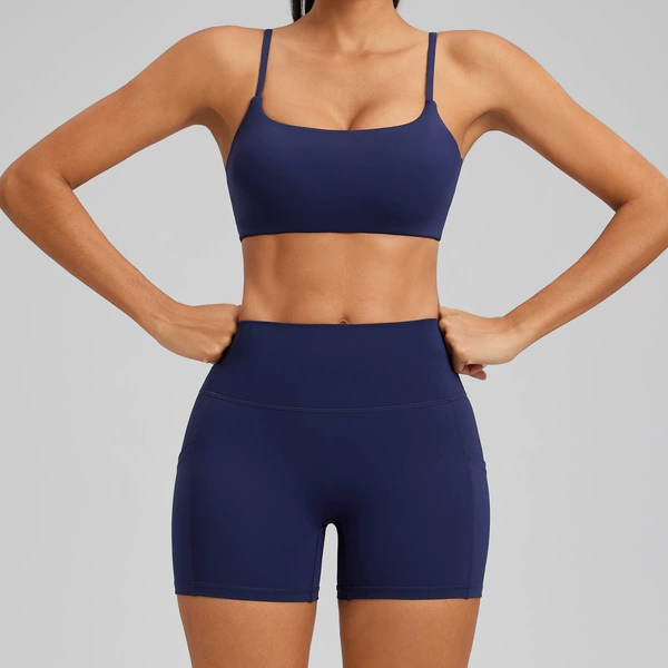 Bra, navy shorts