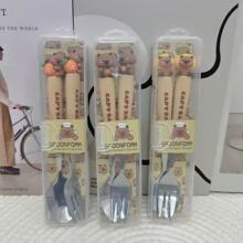 萌趣卡皮豚鼠硅胶头不锈钢餐具学生午餐便携带勺子叉子两件套餐具
