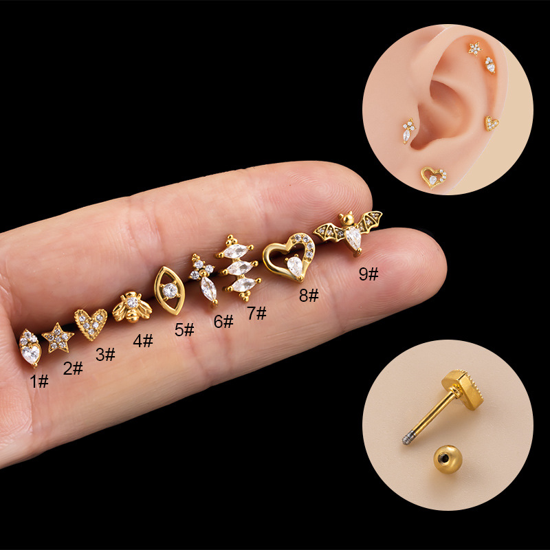 Fashion Heart Shape Stainless Steel Plating Inlay Zircon Ear Studs 1 Piece