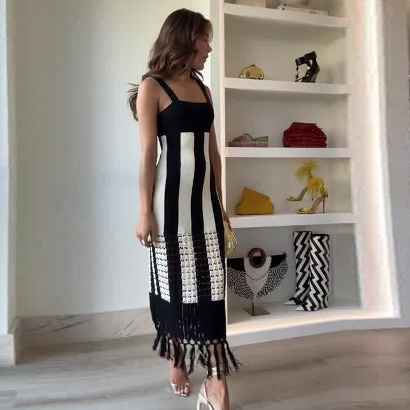 Women's Clothing Women's Fashion Contrast Elastic Slim Long Suspender Dress_mkmklike.com