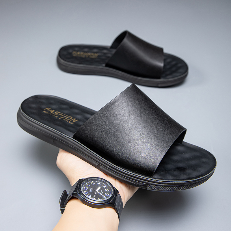 Soft Leather Men's Slippers, New Summer Style, Non-Slip Flip-Flops, Men's Sandals, Korean Style Trendy Outdoor Wear, Lightweight Beach Slippers