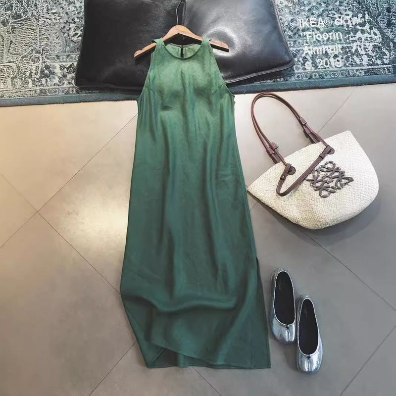 Seeking Jane in stock Light Dress Sense Right Angle Shoulder Side Slit Sleeveless A- word Linen dress 2024 Summer Skirt Children