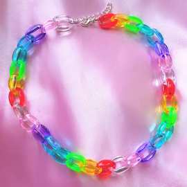 欧美个性彩色链扣透明糖果色彩虹链条项链女嘻哈吊坠复古饰品颈链