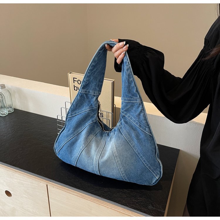 One-shoulder bag with zipper, denim underarm bag, decorative stitching, western style