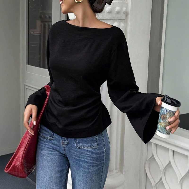 2026 European and American new style solid color fashion casual versatile waist-cinching boat neck unique street style bell sleeve long sleeve top T-shirt 2026 European and American new style solid color fashion casual versatile waist-cinching boat neck unique street style bell sleeve long sleeve top T-shirt