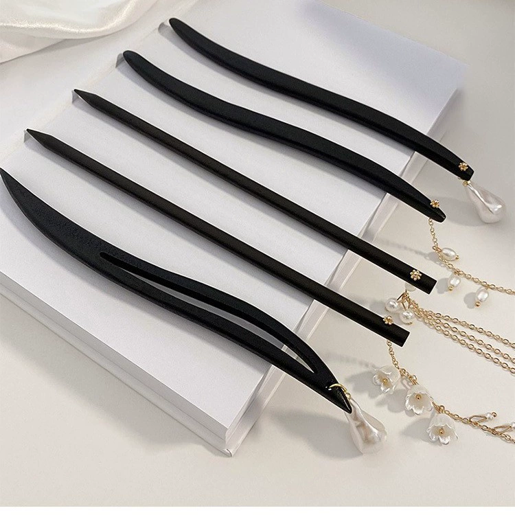 Black wooden hairgrip from pearl, Chinese hairpin, Hanfu, simple and elegant design