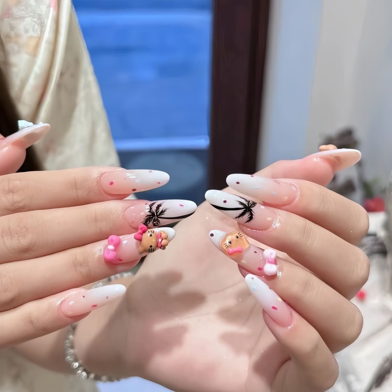 子供用ウェアラブルネイル、超かわいいアップルキティホワイトニングマニキュア、取り外し可能なショートネイル、手描きの甘い女の子イン|undefined