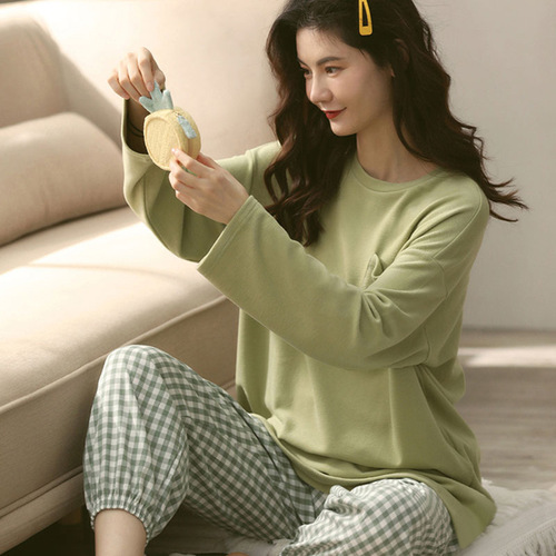 Simple and Casual Spring and Autumn Season Women's Han Style Solid Color Grid Control Long Sleeve Sleepwear Set Can Be Worn Outside Loose Home Wear Set