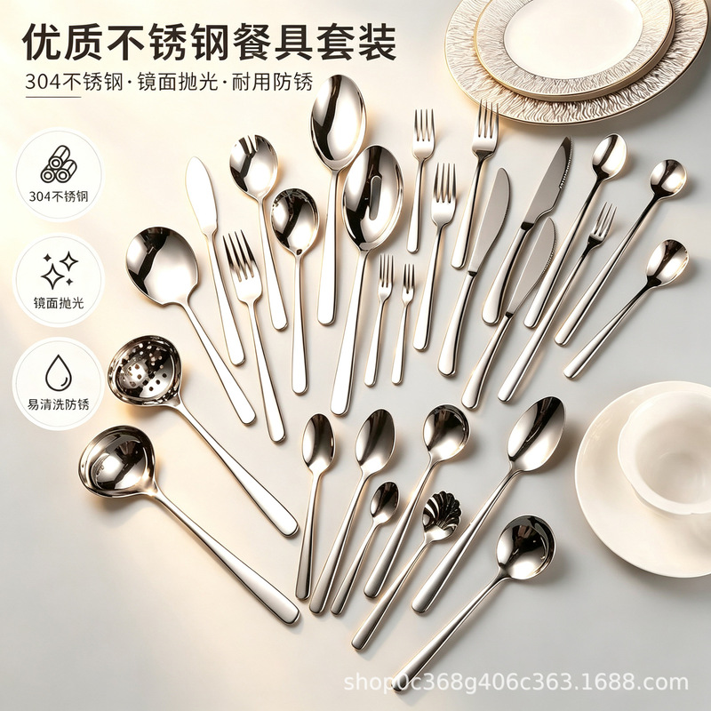 Cross-border Amazon 304 Elegant Stainless Steel Cutlery Hotel Steak Knife, Fork, Spoon, Serving Spoon, Coffee Spoon, Dessert Spoon Cross-border Amazon 304 Elegant Stainless Steel Cutlery Hotel Steak Knife, Fork, Spoon, Serving Spoon, Coffee Spoon, Dessert Spoon