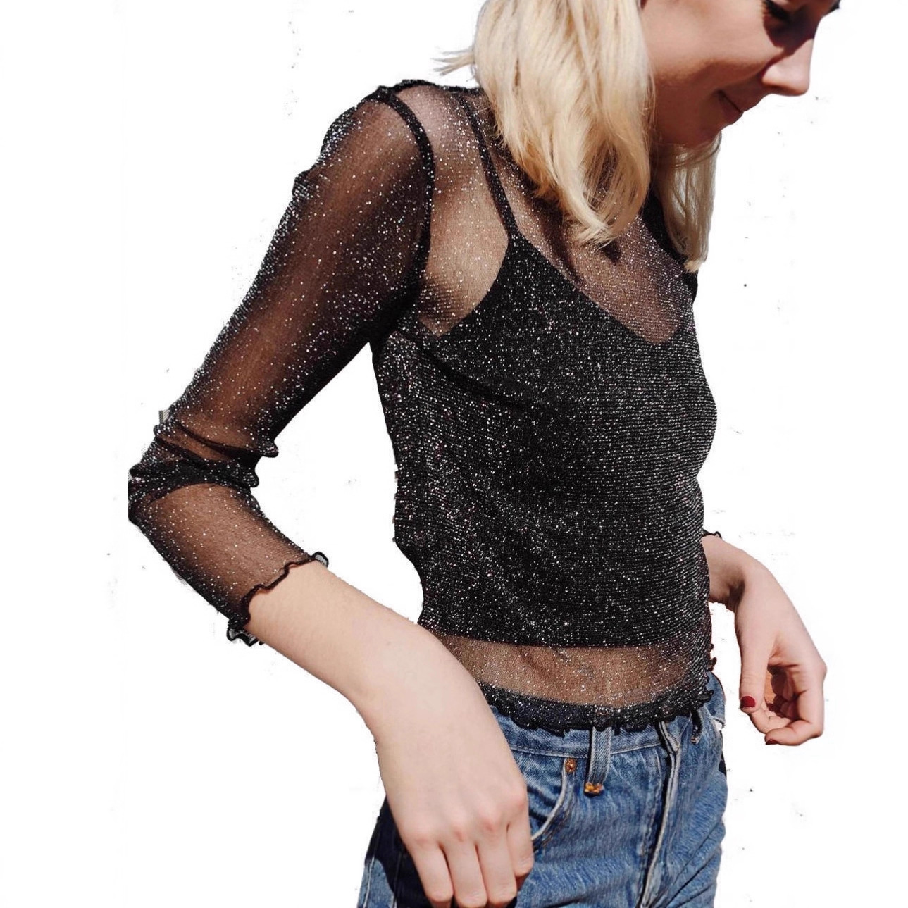 现货亚马逊新款性感网纱T恤女装长袖亮丝欧美打底衫时尚百搭上衣