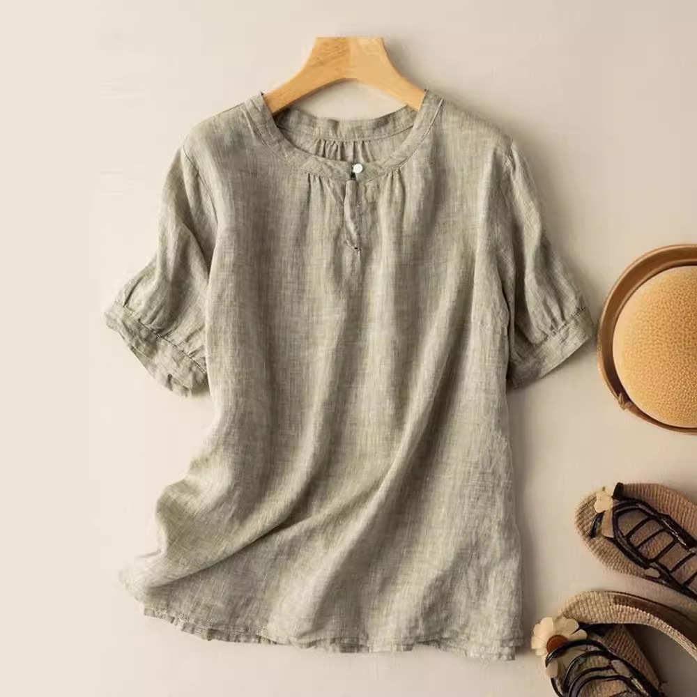 Women's Summer Casual Cotton-Linen Short-Sleeved T-Shirt In A Solid Color, Versatile And Comfortable To Wear; Features A_ecoleips.com