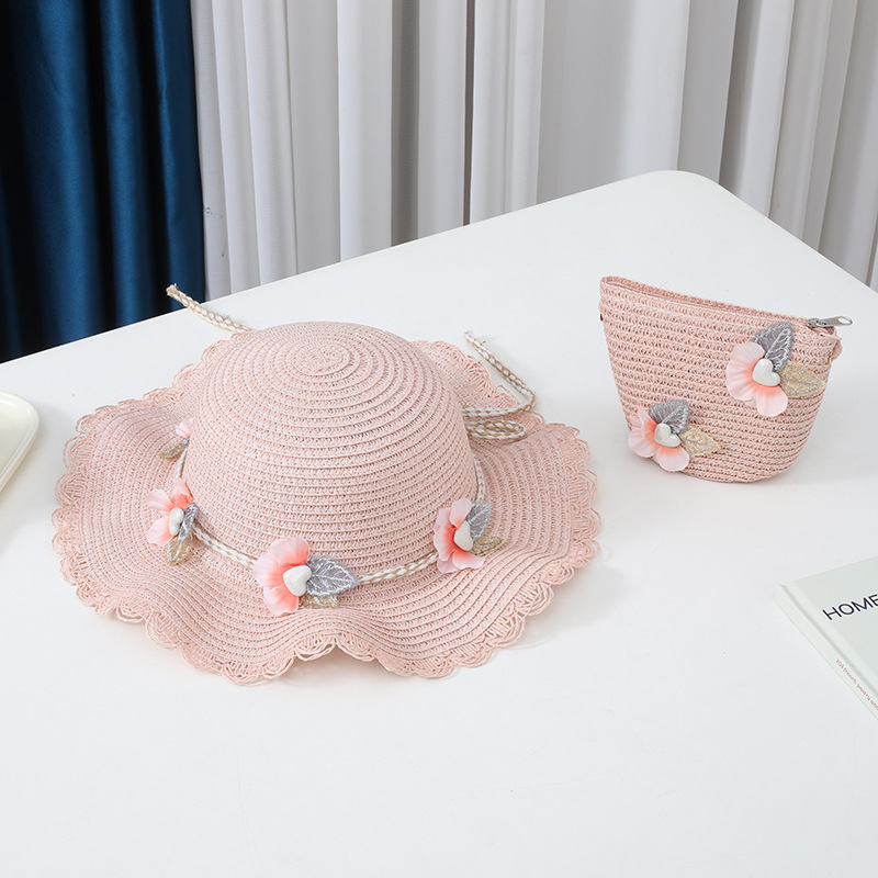 Flower decorated wavy edge straw hat-pink