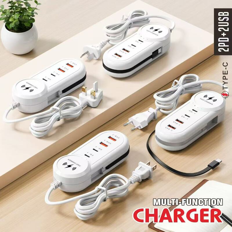 Cross-Border Exclusive Supply of Universal Mobile Phone Power Strip Charger with Dual USB + Dual Pd Multi-Port Charging Head, Type-C Extension Cable Socket