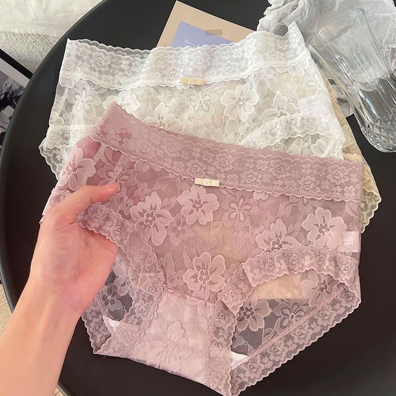 New French-Style Sexy Lace Panties for Women, Seamless Antibacterial Cotton Crotch, Mid-Waist, Skin-Friendly, Breathable, Transparent Women's Briefs