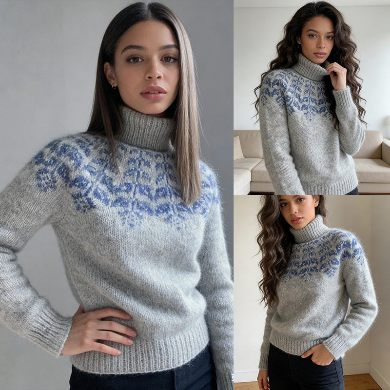 Knitted Turtleneck Sweater for Women with Geometric Ribbed Texture, Loose and Fashionable, Simple Pullover Knit Sweater Wholesale Knitted Turtleneck Sweater for Women with Geometric Ribbed Texture, Loose and Fashionable, Simple Pullover Knit Sweater Wholesale