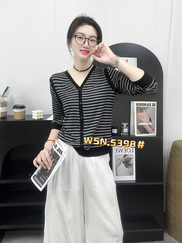 2025秋季新款休闲条纹套头女长袖V领显瘦上衣女T恤5398|undefined