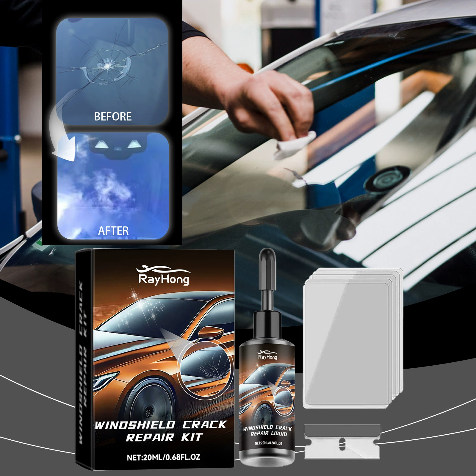 Набор для ухода за лобовым стеклом Rayhong Quick Care Crack Clear Vision Refurbishment Repair Liquid Set