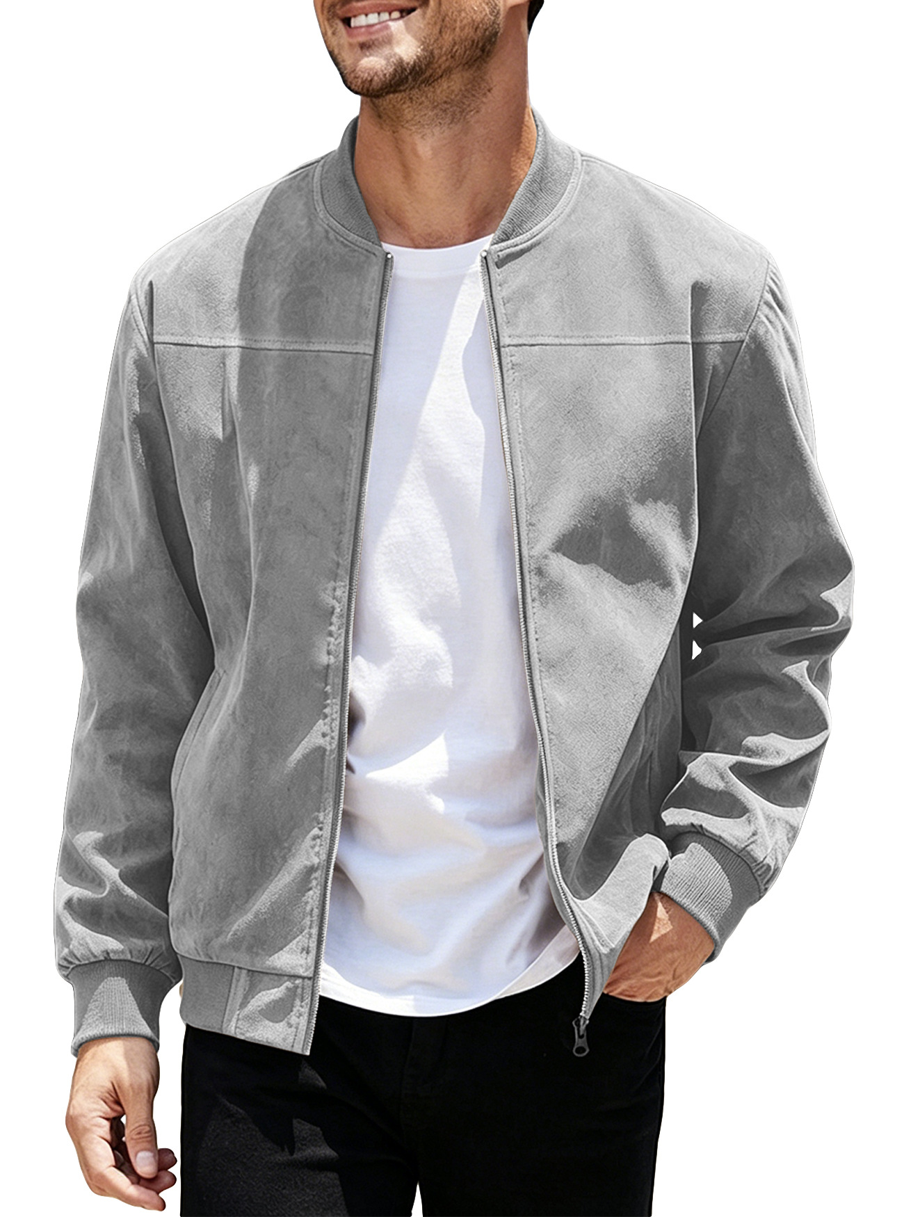 Chaqueta de aviador de gamuza para hombre, estilo europeo y americano, para otoño, color sólido, con cremallera, estilo retro americano, de manga larga.