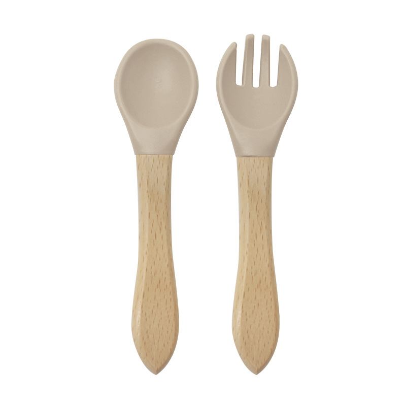 Bebé mango de madera tenedor cuchara traje de alimentación de los niños de madera mango tenedor cuchara conjunto cuchara de silicona tenedor bebé alimento suplemento tenedor cuchara traje image 13