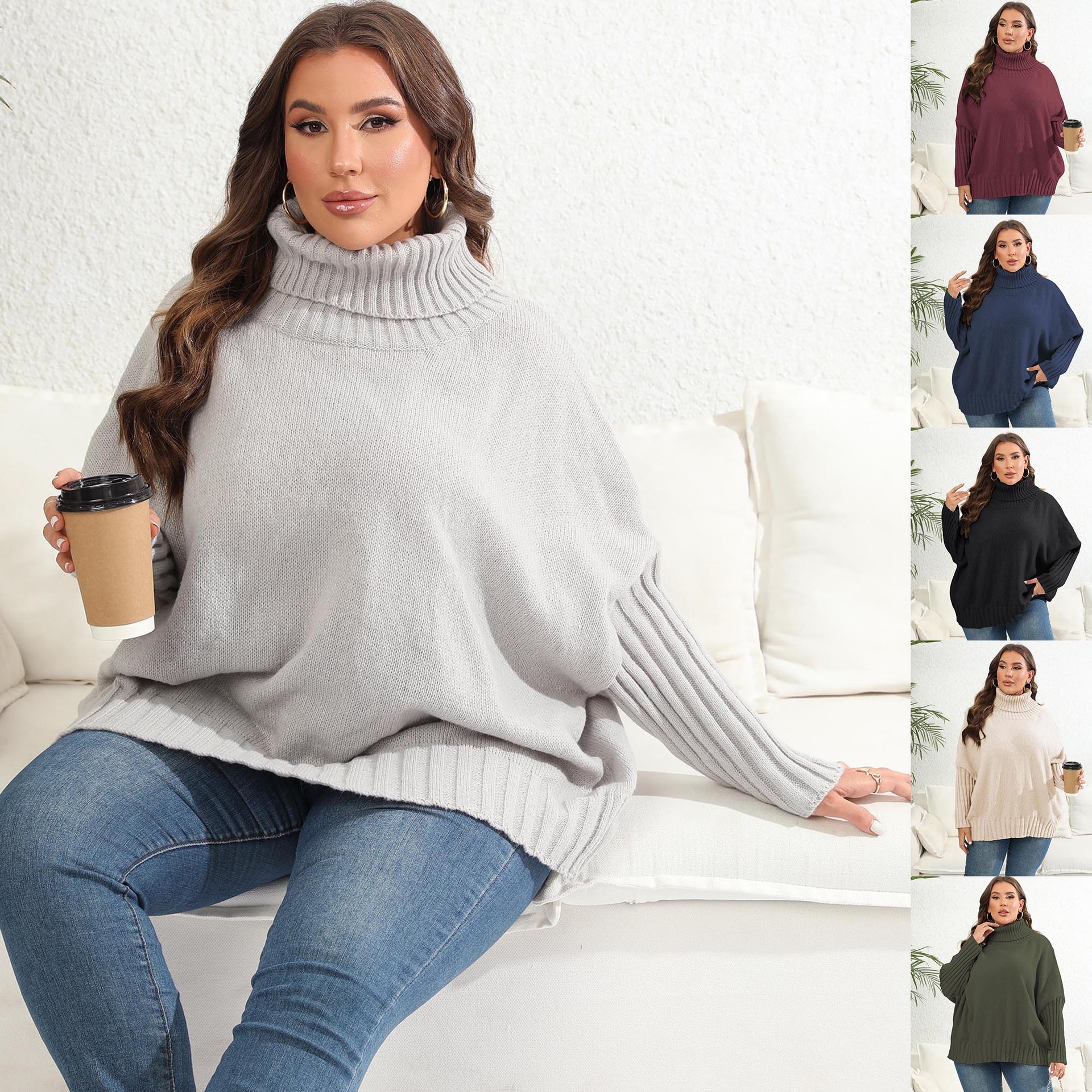 New women's tops for cross-border European and American markets, plus-size women's clothing, solid color high-neck knitted sweater, loose and simple pullover sweater