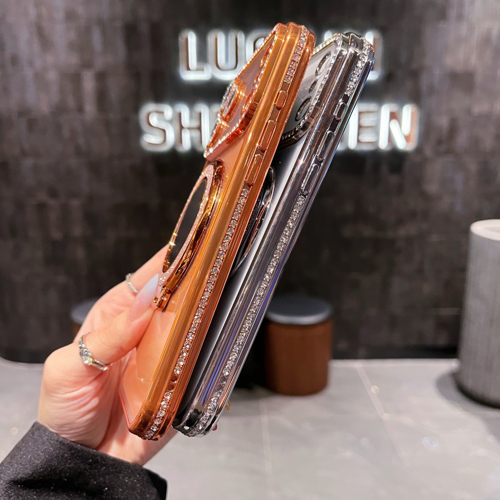 Square Diamond + Glitter Ring Mirror Stand Suitable 17 Pro Max Phone Case, New Model For IPhone 16/15/14_voghion.com