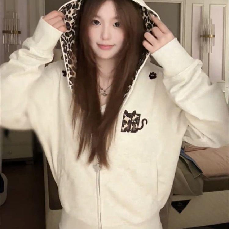 美式复古小恶魔豹纹连帽卫衣外套女秋季辣妹慵懒宽松运动上衣开衫|undefined