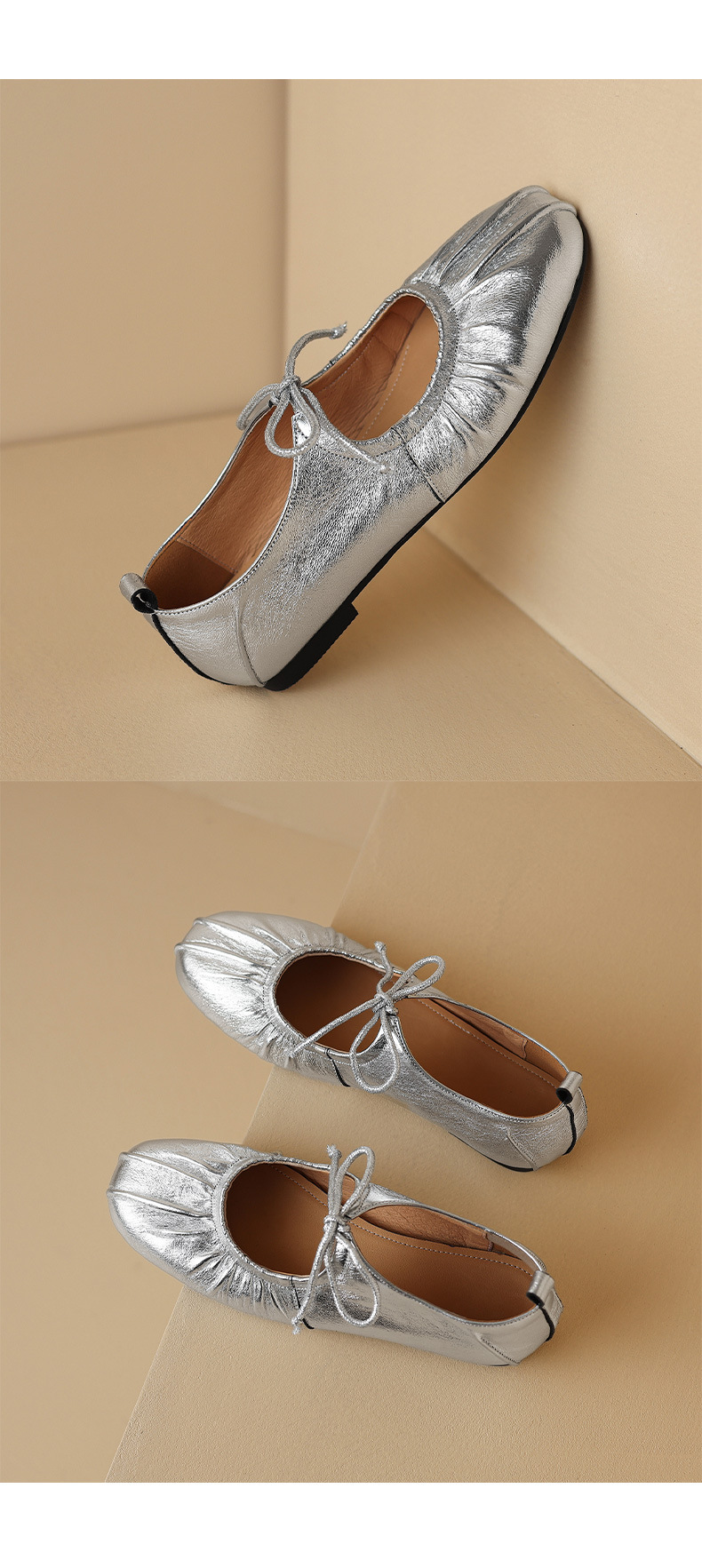 Giày ballet nữ da cừu mềm mũi tròn đế bệt xếp ly nơ buộc dây — Màu súng chi tiết 18