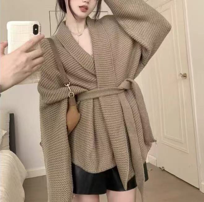 Korean Style Tweed Style 2025 Autumn and Winter New Fashion Korean Style Lazy Elegant Slim Lace-Up Sweater Cardigan for Women Japanese Style Style