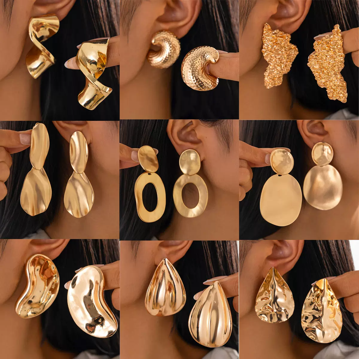 欧美跨境饰品 ins折叠水滴吊坠耳钉 不规则几何敲打面earring套装