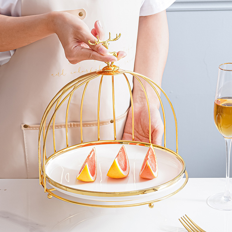 Plato de fruta de cerámica de lujo ligero mesa de café de la sala de estar cesta de frutas en casa plato de pastel de caramelo creativo adornos de almacenamiento de postre de doble capa