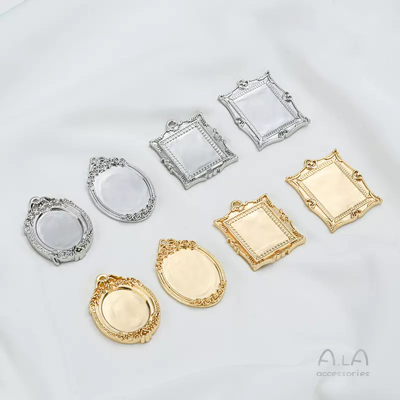 强保色铜包14K真金巴洛克阿飘珍珠相框椭圆长方形自制吊坠diy配件