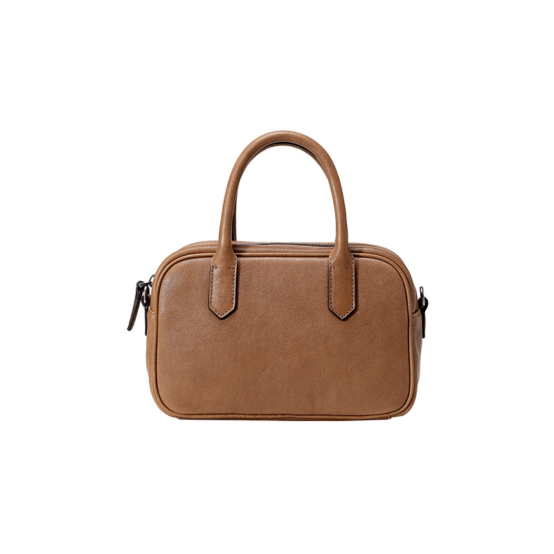 Retro Niche Wide Bowling Bag For Women, Vegetable-Tanned Leather Commuter Shoulder Crossbody Bag, Versatile Minimalist Small Square Handbag - Thumbnail 8