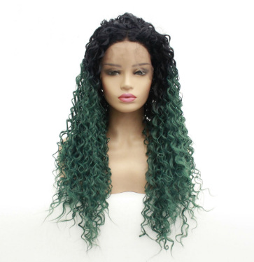 Peruca de encaje frontal europea y americana peruca de dama verde gradiente medio rizado LW0225