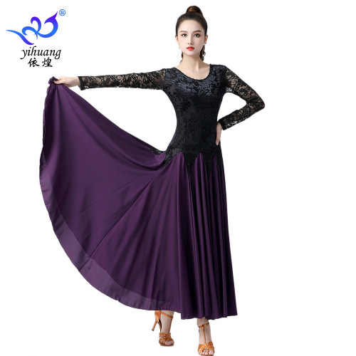 black red royal blue purple flower lace Modern ballroom dancing dress for women girls practice long-sleeved lace dress waltz tango foxtrot performance costume