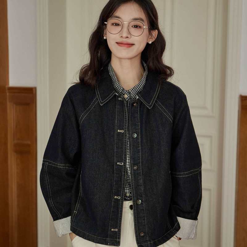 日系学院风条纹拼接牛仔外套女2025秋冬款宽松设计感休闲百搭夹克|undefined