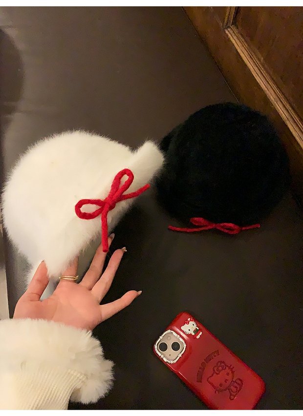 Sweet Plush Pot Autumn/Winter Bow Flip over Eaves Warm Fisherman's Versatile Ins Gold Top Hat Shows Small Face_viptrois.com