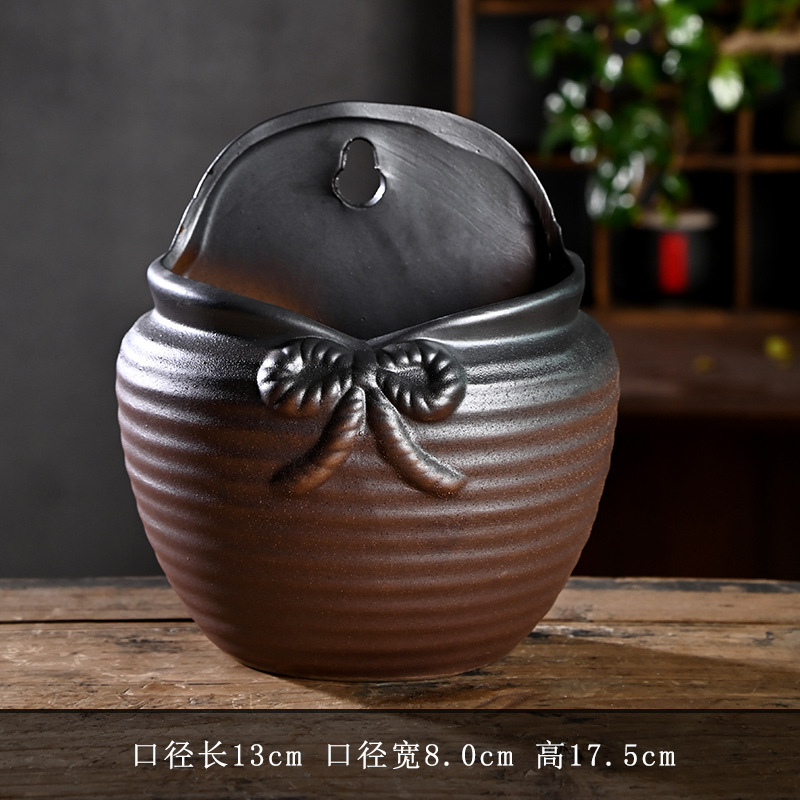 Patio al aire libre montado en la pared retro creativa maceta de eneldo verde cerámica de cerámica de gres para el hogar olla de cerámica carnosa liquidación al por mayor