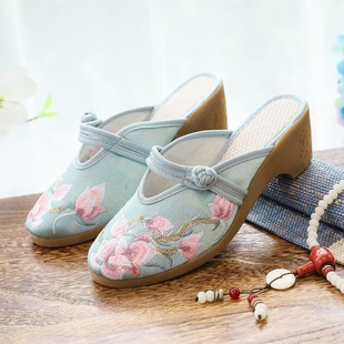 021 summer new high heel wedge embroidered cloth slippers women's sandals embroidered cloth shoes