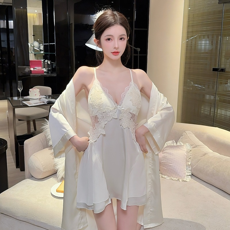 [Summer Inflorescence] Lulu's Same Style Water-Flower Suspender Nightgown Sexy Pajamas Two-Piece Set with Ice Silk Ribbon Breast Pads