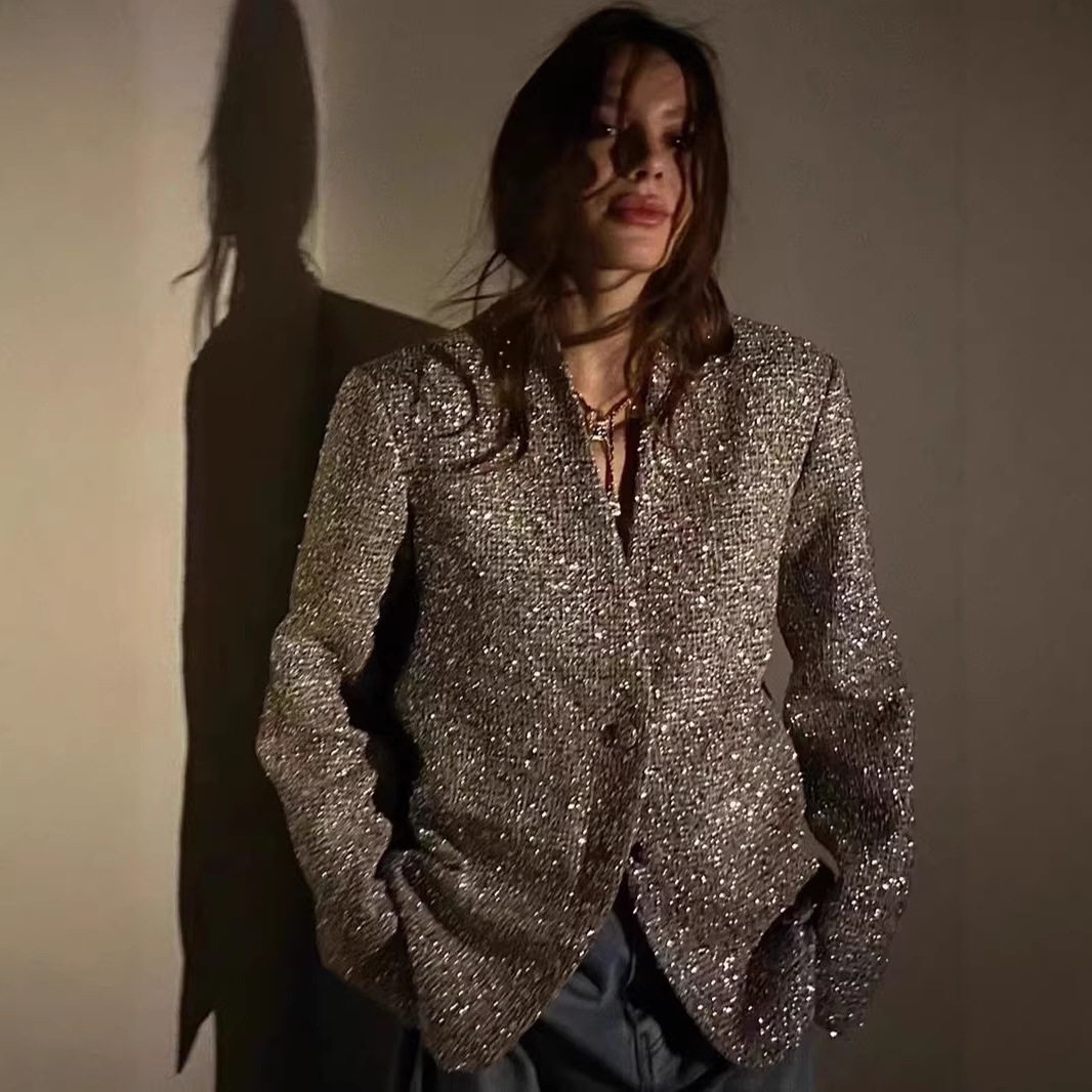 Street-Style Socialite Elegant Silver Chanel-Style Jacket Autumn Sparkling Silver Blazer Autumn and Winter Same Style 1545