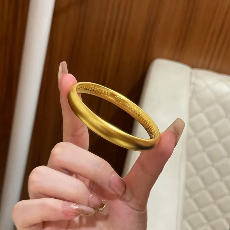 Real Gold 24K Vacuum Electroplating Strong Color Retention Ancient Method Loach Back Lotus Heart Sutra Solid Plain Ring Bracelet for Girlfriend