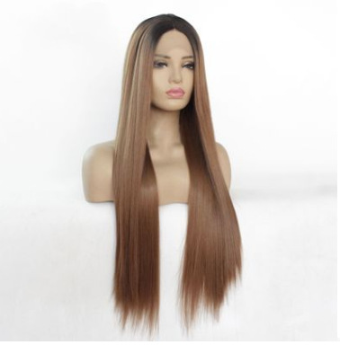 Marrón largo recto frente de encaje fibra química peluca de seda de alta temperatura mano gancho de fábrica LW0055