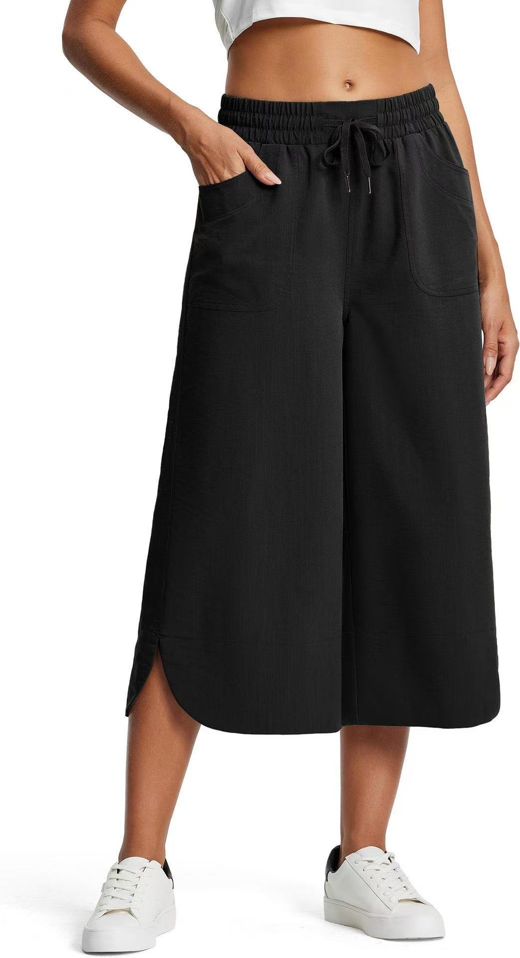 Women's Solid Color Wide Leg Capri Pants Spring Summer Elastic Waist Casual Relaxed Everyday Wear Comfortable Feshion_ecoleips.com