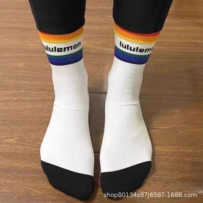 新品LULU露露袜子男女2双装跑步运动瑜伽训练中筒袜速干条纹透气|undefined