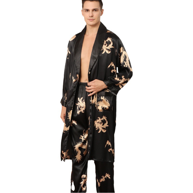 Camisón y pantalones de seda de los hombres traje de dos piezas pijama de manga larga delgada de verano más tamaño bata de dragón Albornoz T811